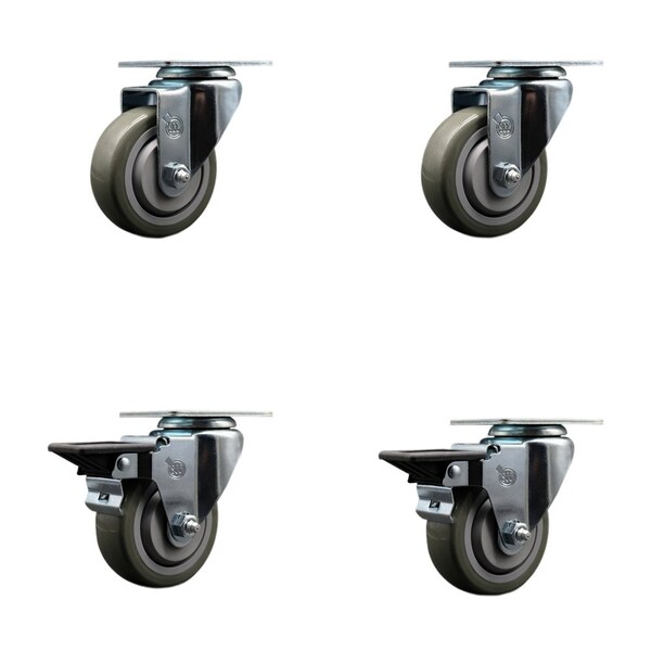 3.5'' Gray Poly Wheel Swivel Top Plate Caster Set with 2 Posi Brakes, 4PK